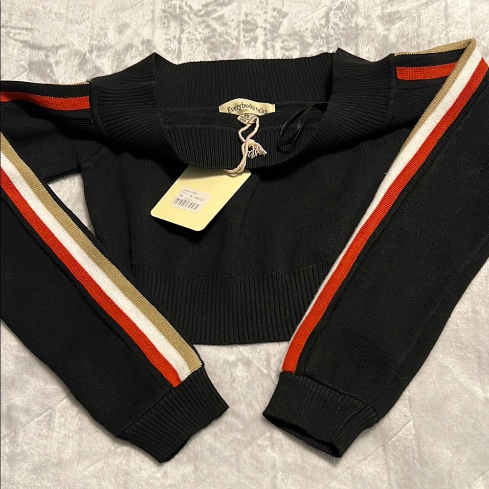 LF Black Sweater with Striped Sleeves